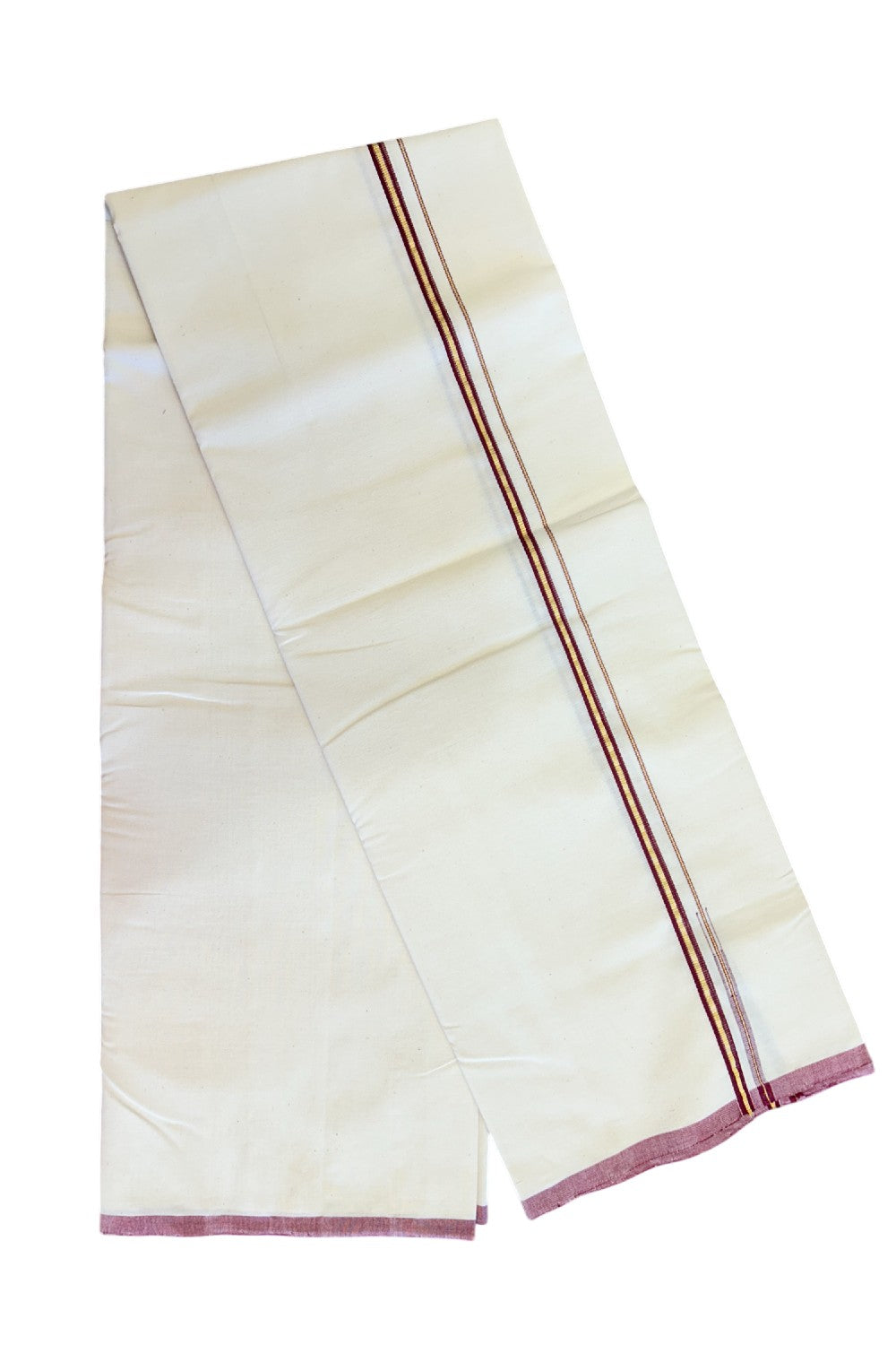 SIGNATURE KAITHARIKADA EXCLUSIVE SINGLE DHOTI - 100% Cotton Balaramapuram HANDLOOM Single Mundu/Dhoti - Off White - (Unbleached) 1 cm Maroon & KASAVU Chutty Kara (2 meter / 4 muzham) - 2KK5075KAI