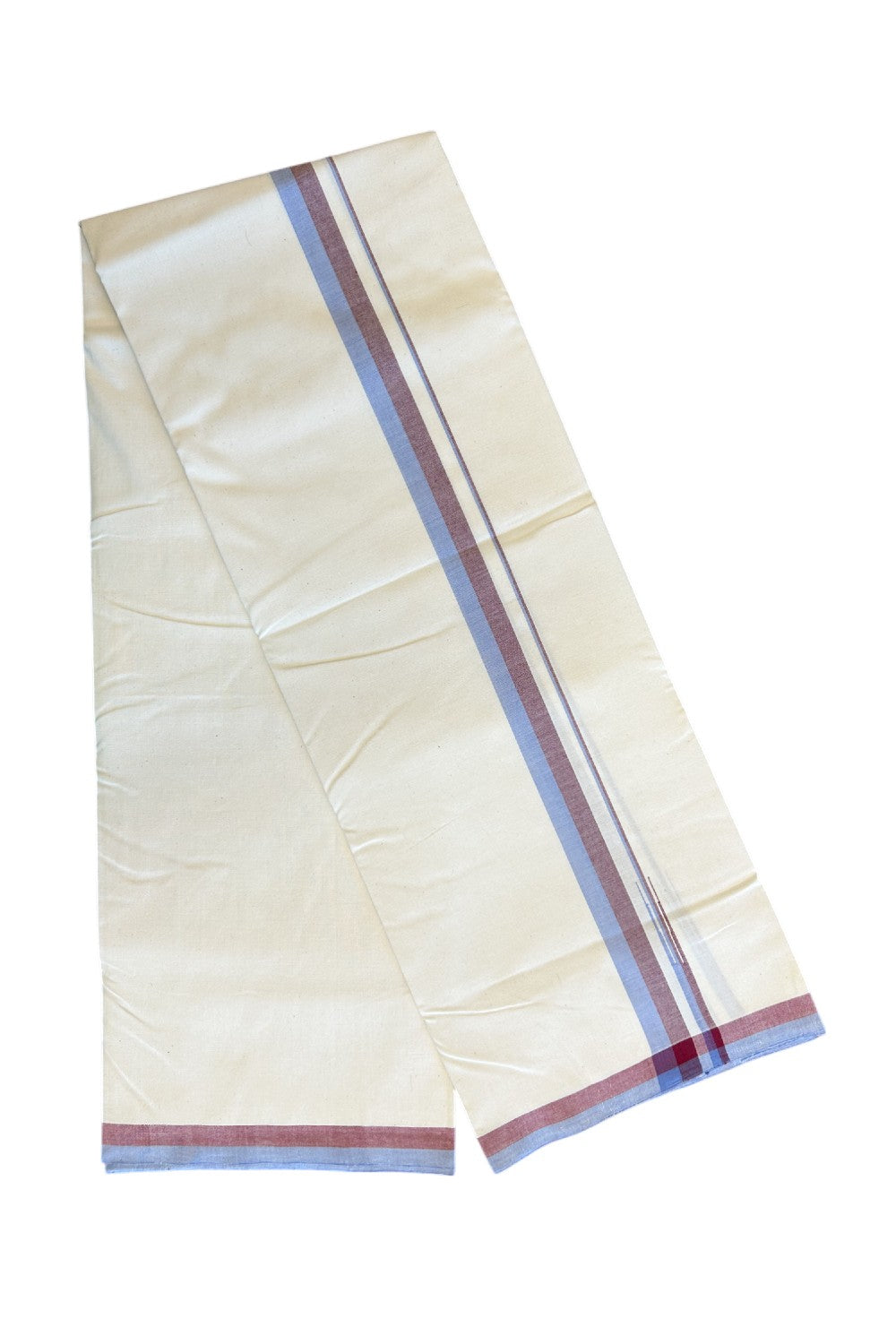 SIGNATURE KAITHARIKADA EXCLUSIVE SINGLE DHOTI - 25% Discount!! 100% Cotton Balaramapuram HANDLOOM Single Mundu/Dhoti - Off White - (Unbleached) 1 inch Lavender Blue & Maroon Puliyilakkara chutty (2 meters /4 muzham) - 2KK5124KAI