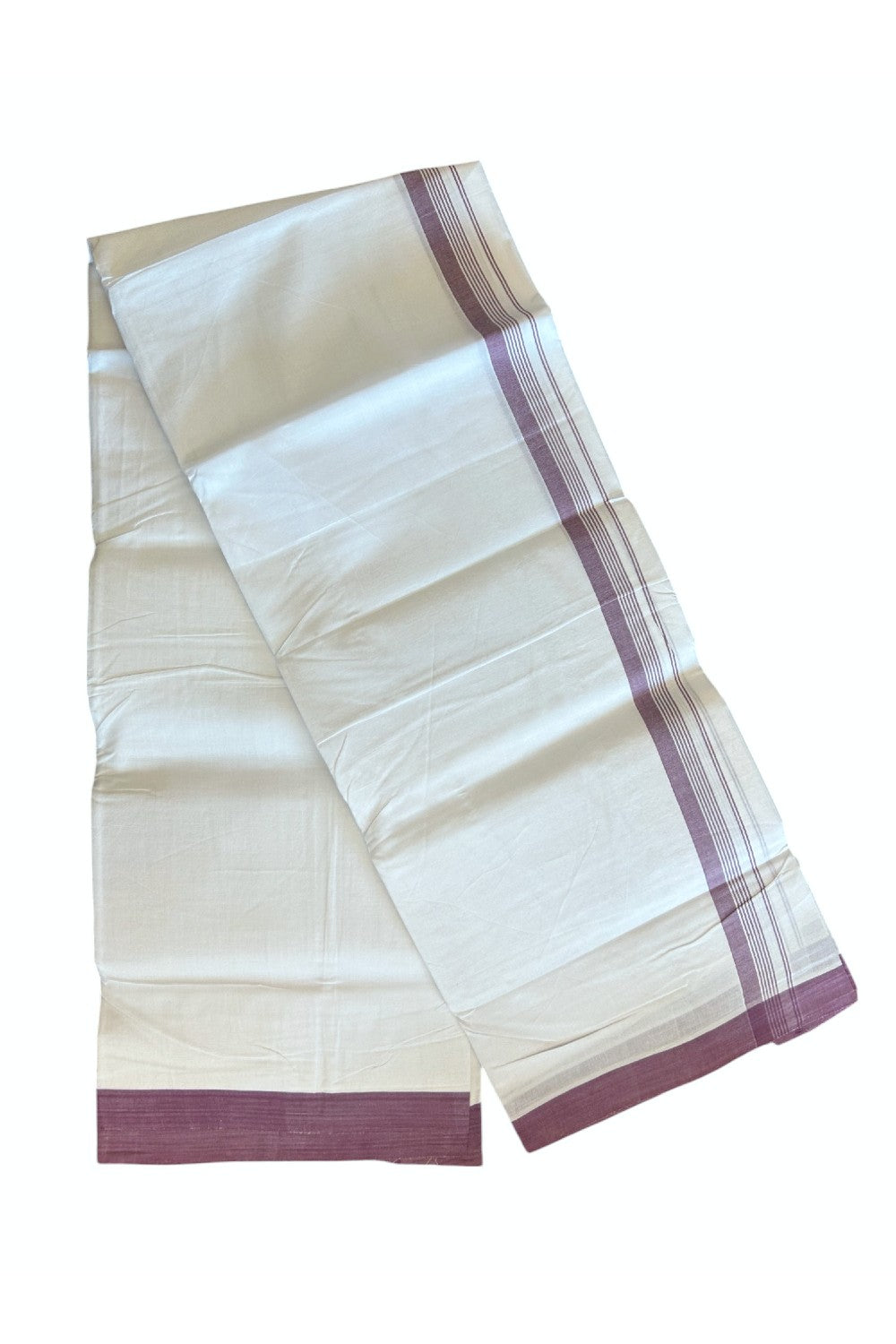 30% Discount!!! KaithariKada HANDLOOM UNAKKUPAAV Balaramapuram - 100% PURE Cotton PURE WHITE Double Mundu/Dhoti - 1 inch Dark Purple Striped Kara - 2KK5129YAR