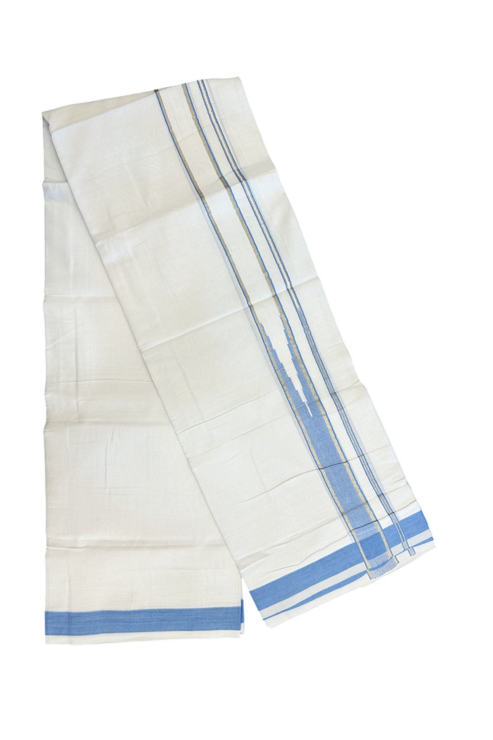 25% DISCOUNT! KaithariKada Balaramapuram 100% Mercerised Cotton Double ULTRA PURE white Mundu/Dhoti - 120x120 - 1.5 inch Heavy Chutty Silver Kasavu & Light Blue Shaded Kara - 2KK5139THI