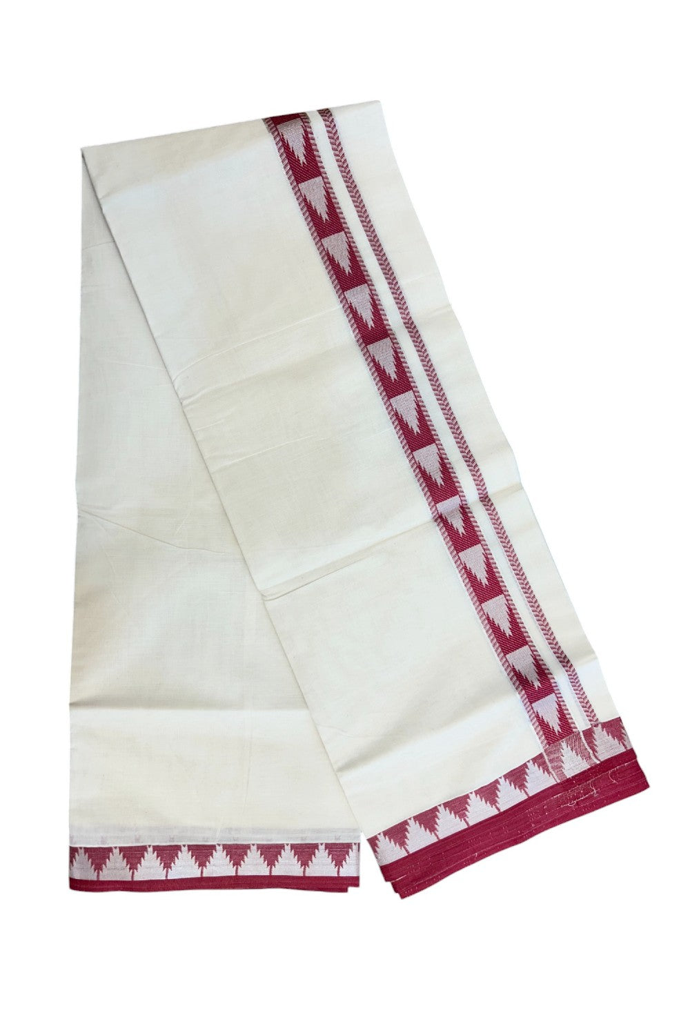20% DISCOUNT ! KaithariKada Balaramapuram 100% Cotton Double off white (Unbleached) Mundu/Dhoti - 100X90 - 1.5 inch Silver kasavu & Magenta Red Temple design kara - 2KK5147PMC
