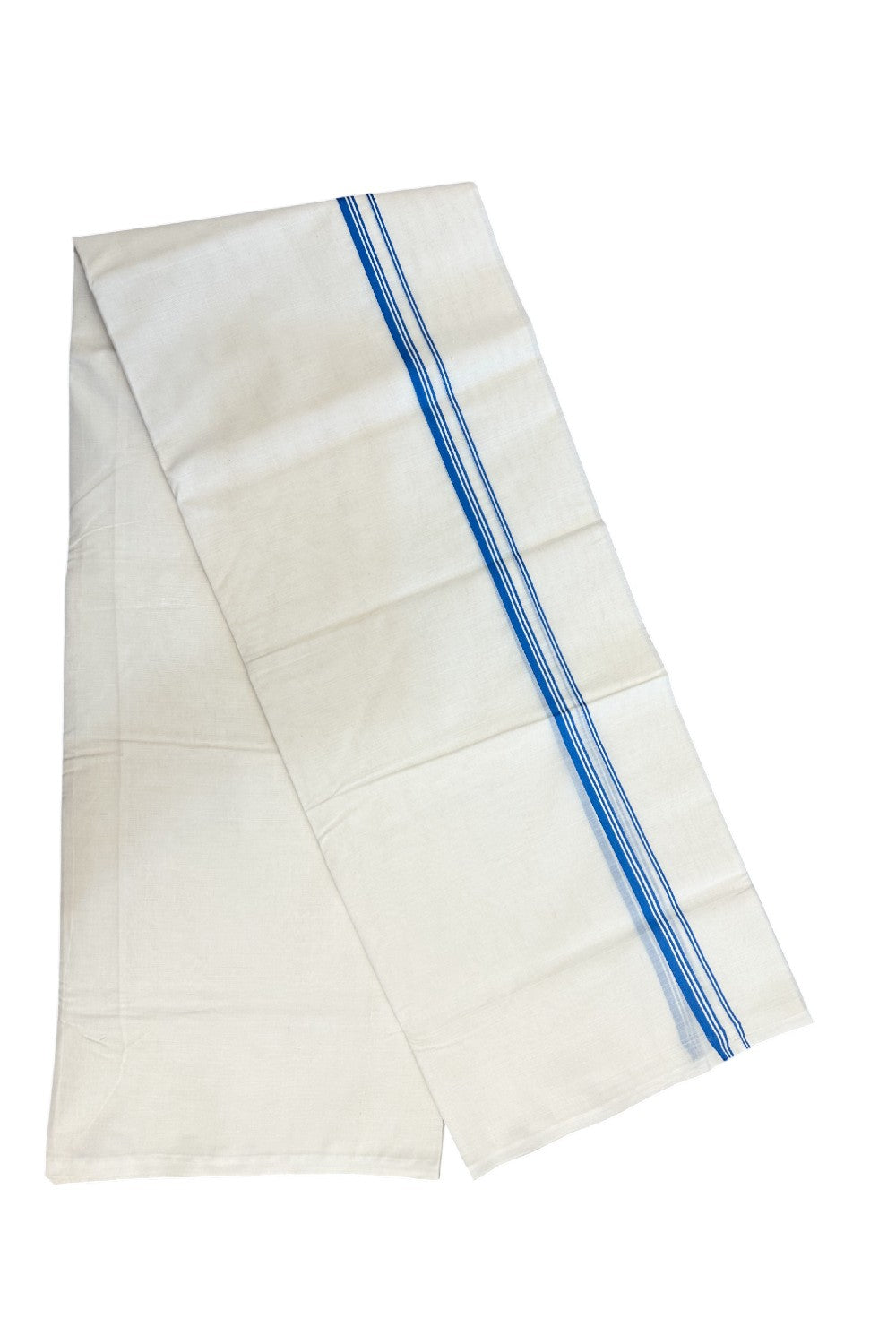 33% DISCOUNT ! KaithariKada Balaramapuram 100% Cotton Double Off white - (Unbleached) Mundu/Dhoti-100X100- 0.75 inch Blue Striped Kara.- 2KK5168ASH
