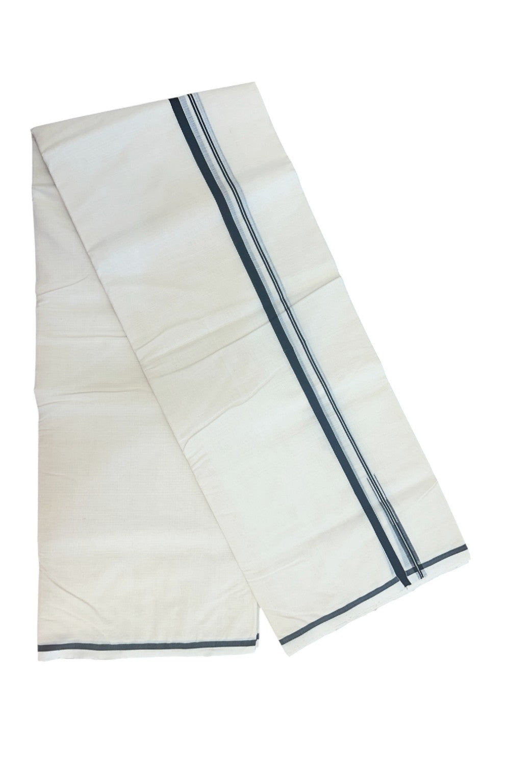 25% Discount KaithariKada HANDLOOM Millpaav Balaramapuram - 100% PURE Cotton off white - (Unbleached) Double Mundu/Dhoti - Puliyilakkara 1 cm Black Chutty - 2KK5175RAM