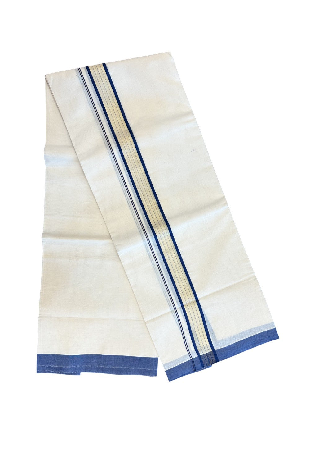 20% DISCOUNT! KaithariKada Balaramapuram Double OFF WHITE Mundu/Dhoti - 80x90 - 1.5 Inch Tissue Blue striped Kara - 2KK5182VAS