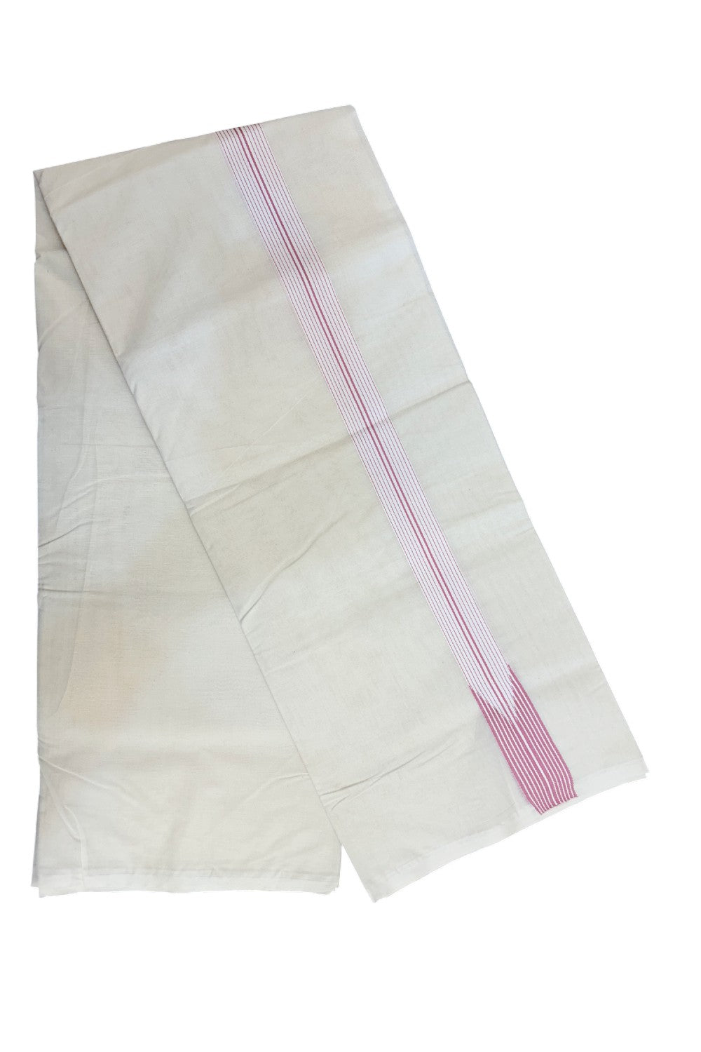 20%OFFER! KaithariKada Balaramapuram 100% Cotton Double OFF WHITE - (Unbleached) Mundu/Dhoti-100x100 - 1.5 inch 12 LINE Puliyilakkara Pink Chutty Kara- 2KK5185ASH