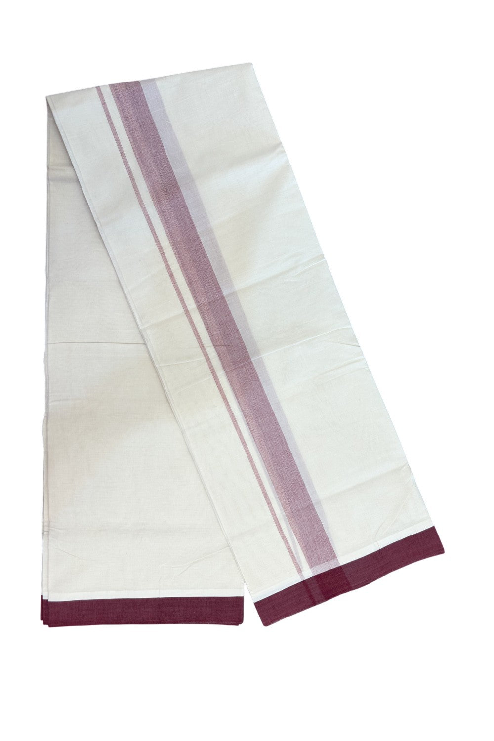 20% Discount ! Kaitharikada Balaramapuram 100% Cotton Double Off white (Unbleached) Mundu/Dhoti - 100x80 - 1.75 inch Dark Maroon shaded Kara - 2KK5186CKS