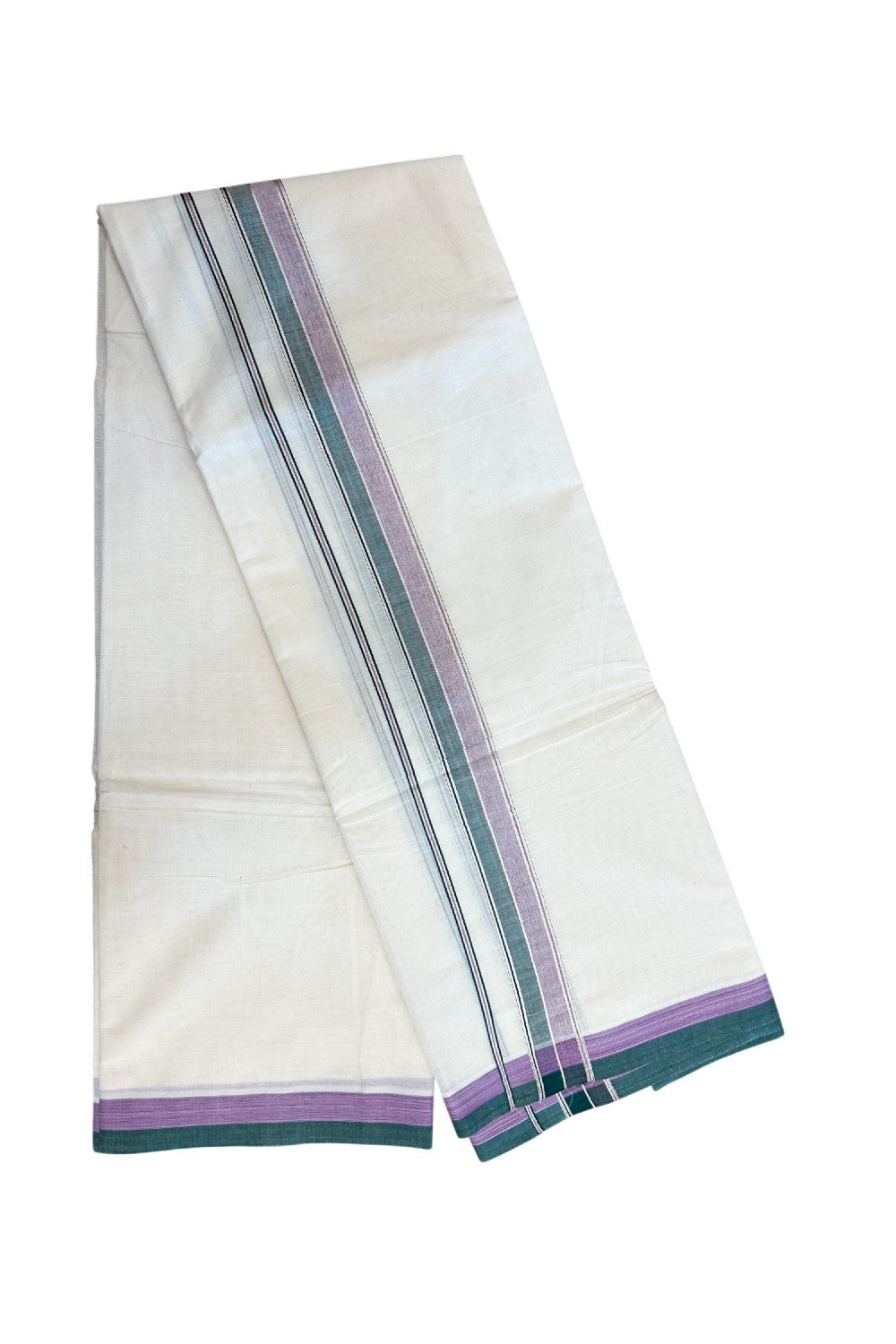 20% DISCOUNT! KaithariKada Cotton OFF White - 100x80 thread- NORTH INDIAN ATTACHED GAMCHA - 9X5 Dhoti - 1.5 inch Silver Kasavu Dark green & Shaded Purple Stripes Kara - 2KK5189PMC
