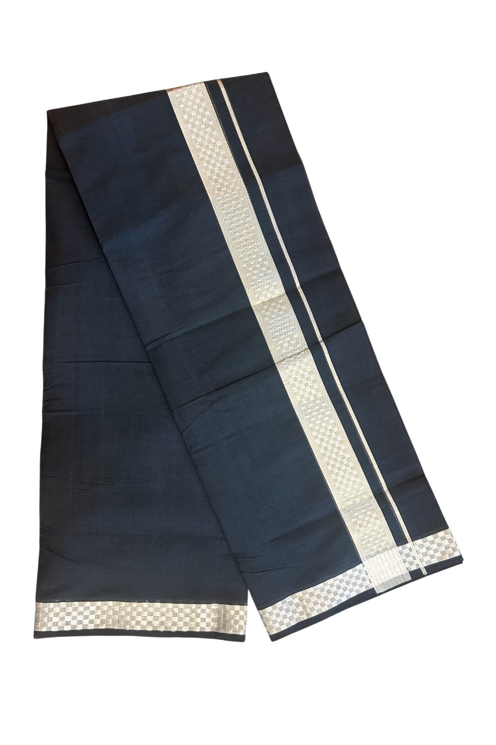 25% Discount! KaithariKada Handloom UNAKKUPAAV Balaramapuram - 100% Cotton Double Mundu/Dhoti - Black Colour Body - 1.75 inch Silver Kasavu jacquard Design Kara- 2KK5190ABH