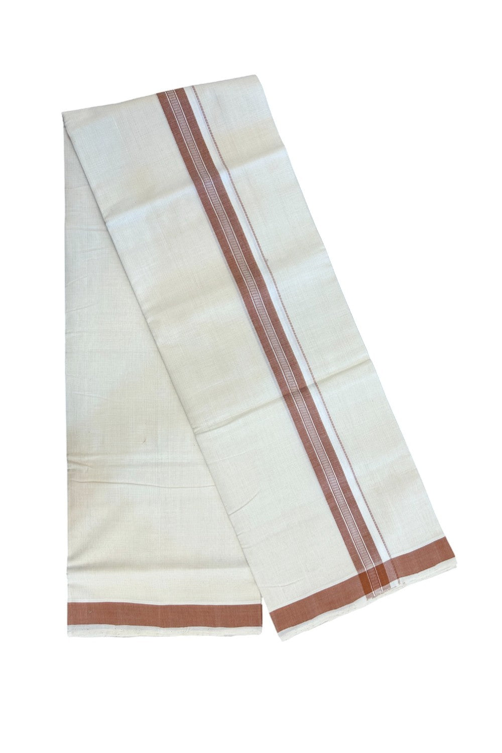 25% Discount KaithariKada HANDLOOM Unakkupaav Balaramapuram - 100% PURE Cotton off white (Unbleached) Double Mundu/Dhoti - 80X90 - 1.25 inch Cinnamon Brown Center Stripes Kara 3.80 mtr - 2KK5192ELA