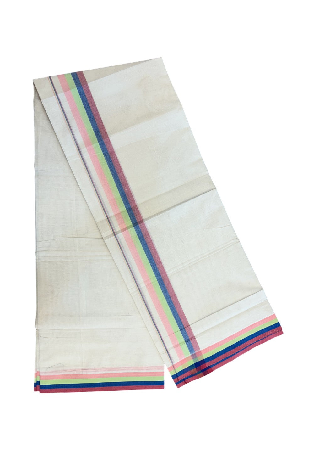 20% DISCOUNT ! KaithariKada Balaramapuram 100% Cotton off white (Unbleached) Double Mundu/Dhoti - 100X80 - 1.75 inch Multi Colour kara - 2KK5193PMC