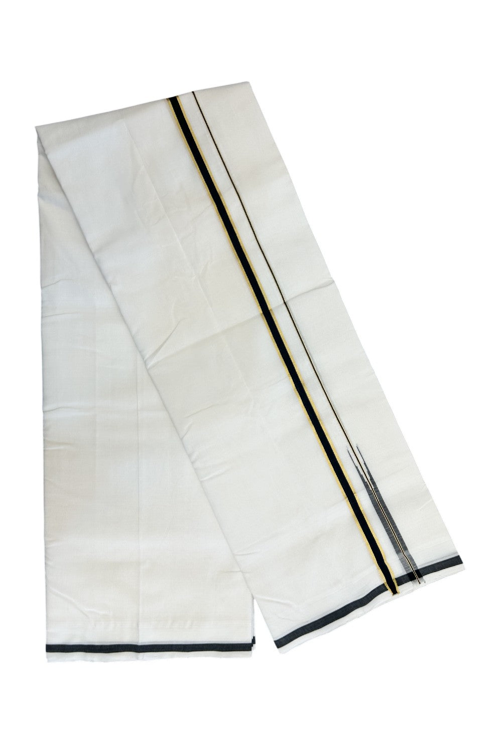 25% Discount!! NEW ULTRA PURE WHITE HANDLOOM Balaramapuram - 100% Mercerised Cotton Double Mundu/Dhoti - 120 twisted warp x 80s weft - 0.5 inch Puliyilakkara Gold Kasavu & Black Chutty Kara- 2KK5200REA