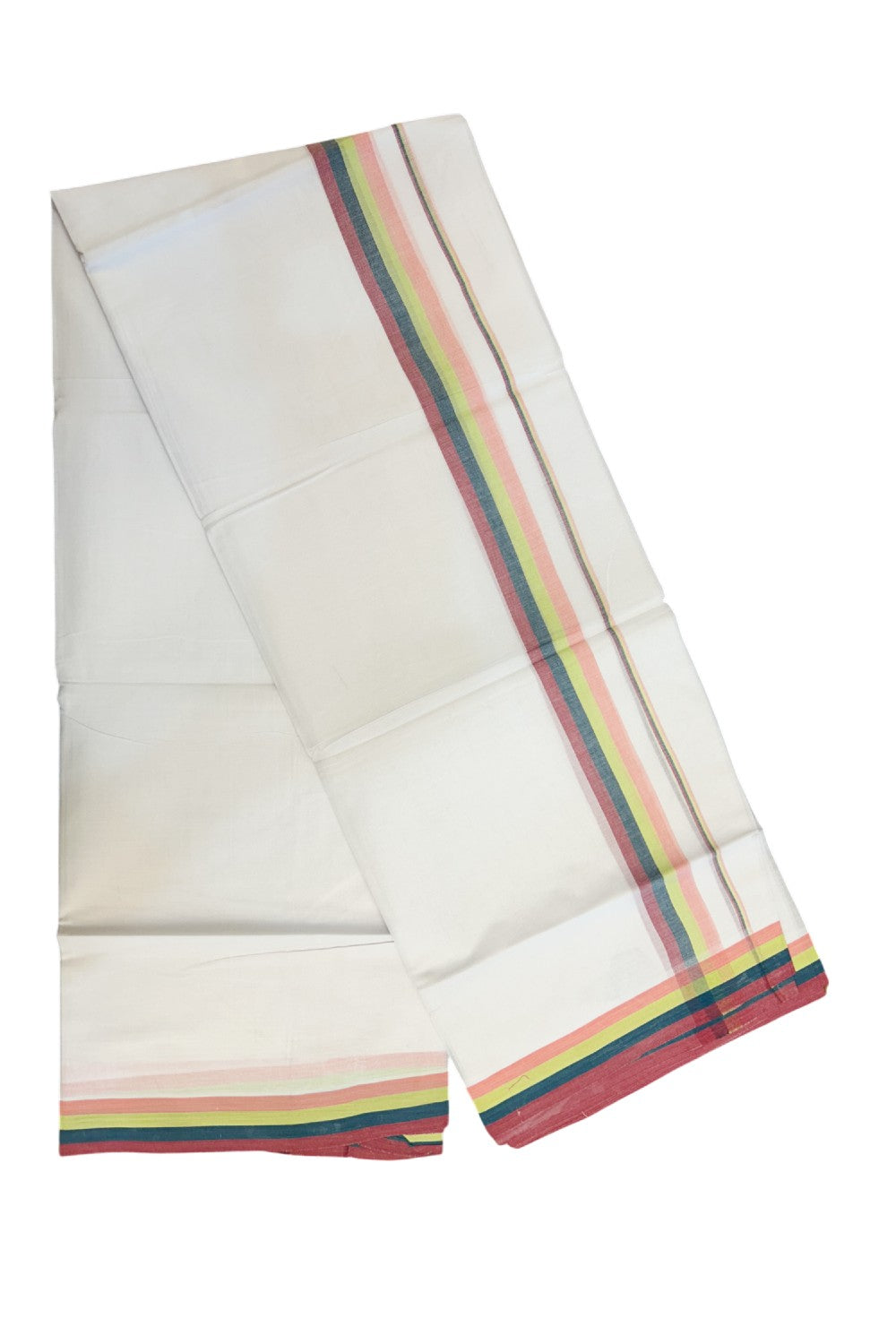 21% DISCOUNT ! KaithariKada Balaramapuram 100% Cotton Pure white Double Mundu/Dhoti - 100X90 - 1.25 inch Multi Colour kara - 2KK5202PMC