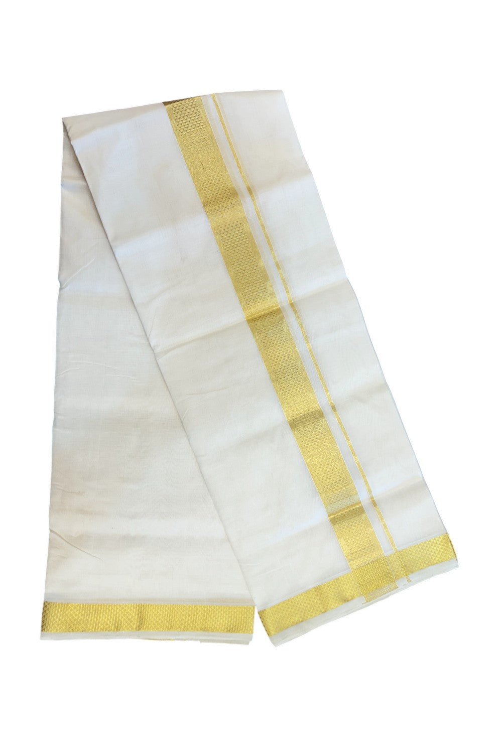 HANDLOOM Pure SILK Dhoti NEW! 25% DISCOUNT from Kaitharikada.com - BALARAMAPURAM Handloom Unakkupaav - Pure White - Double Mundu/Dhoti - 100x100 - Pure cotton + Silk - 1.75 inch Gold Kasavu Designer Kara - 2KK5206 ABH