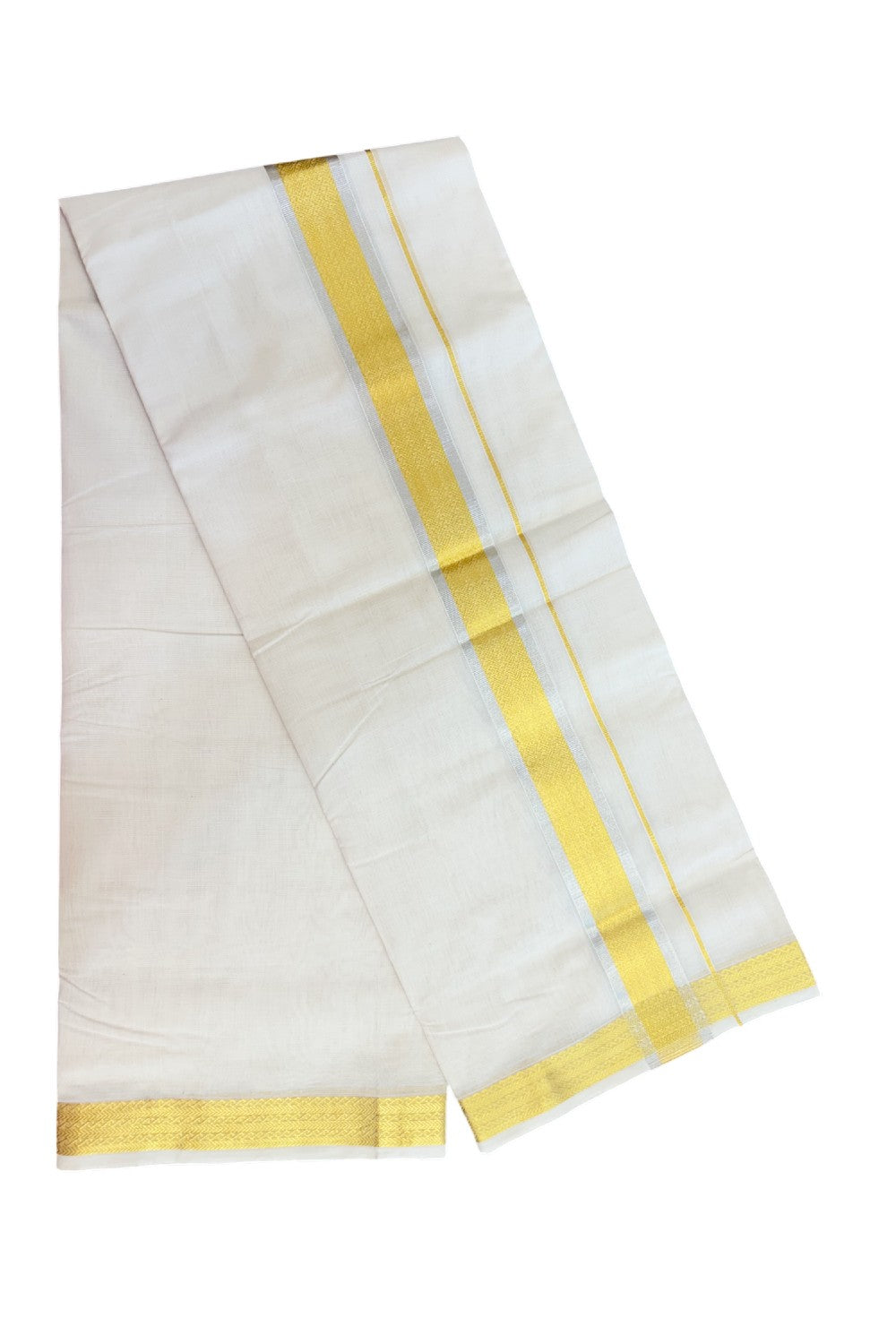 25% DISCOUNT ! KaithariKada HANDLOOM UNAKKUPAAV Balaramapuram - 100% PURE Cotton Off White - (Unbleached) Double Mundu/Dhoti - 2 inch Gold Kasavu & Silver Kasavu Jacquard Design Kara - 2KK5208ABH