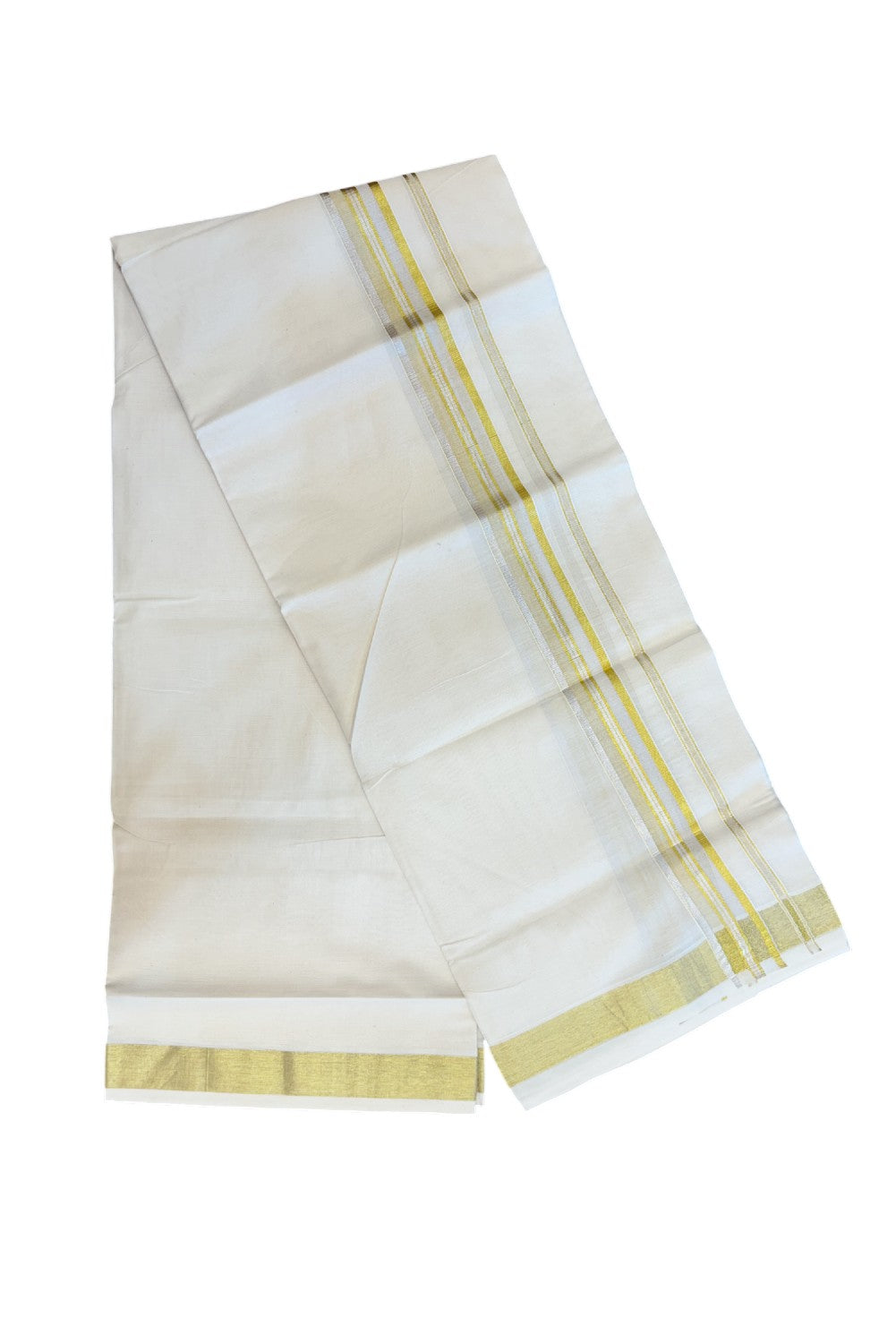 20% DISCOUNT ! KaithariKada Balaramapuram - 100% PURE Cotton Off White - (Unbleached) Double Mundu/Dhoti - 100X80 - 1.5 inch Gold Kasavu & Silver Kasavu Striped Kara - 2KK5212 VIN