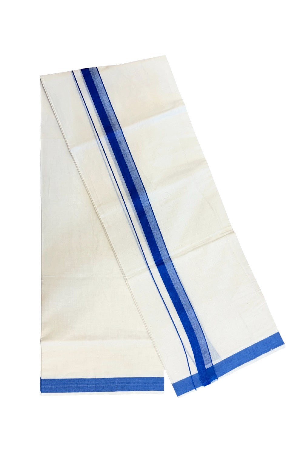 24% Discount ! KaithariKada Balaramapuram 100% Cotton Double OFF WHITE- (Unbleached) - Mundu / Dhoti- 100x80 - 1.5 inch Blue Kara - 2KK5214 MC
