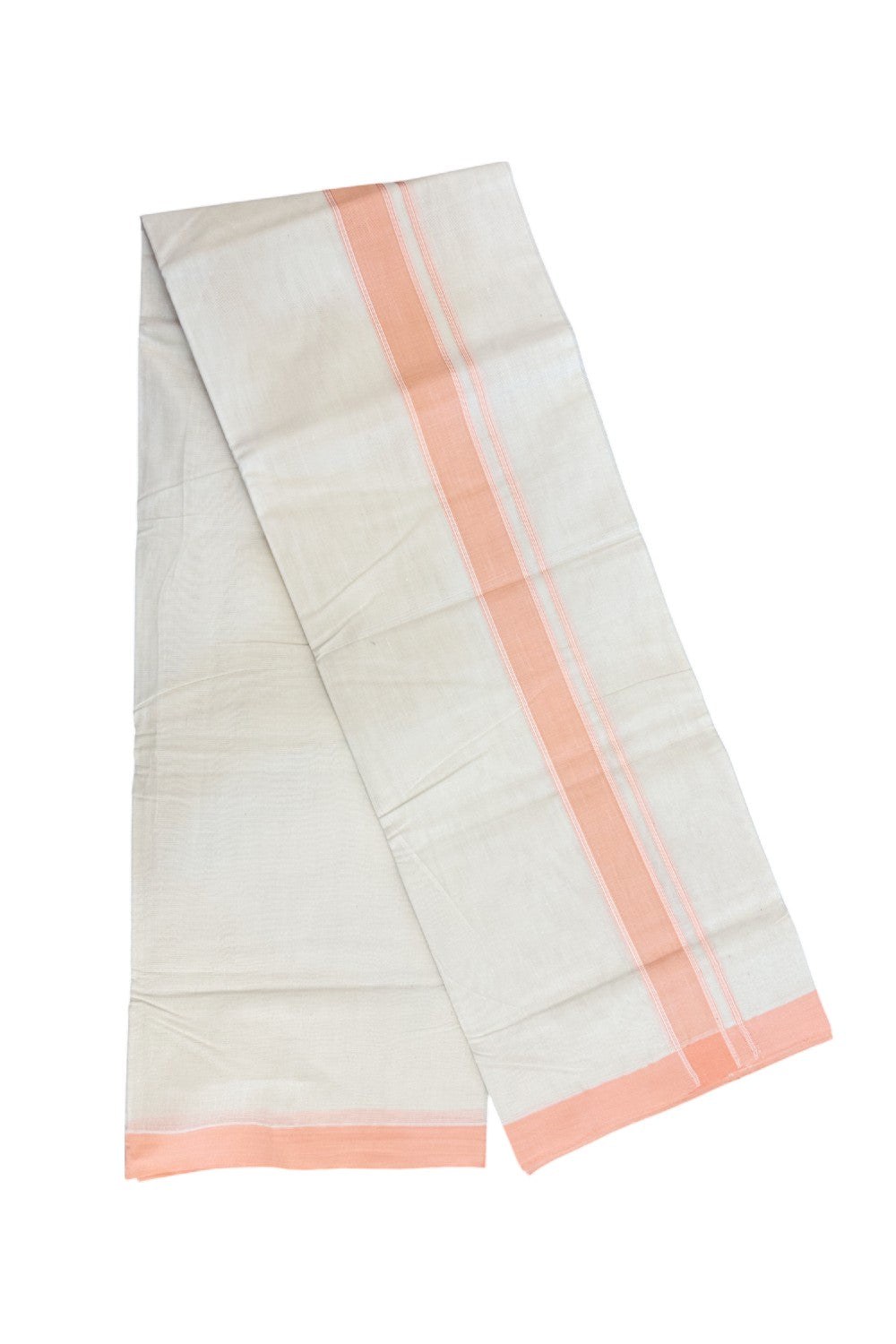 NEW !! 20% DISCOUNT!! KaithariKada Balaramapuram 100% Cotton Double Off white - (Unbleached) Mundu/Dhoti-100x80 - 1.5 inch Peach Shaded Striped KARA - 3.75 mtr (8 Muzham) - 2KK5218 ASH