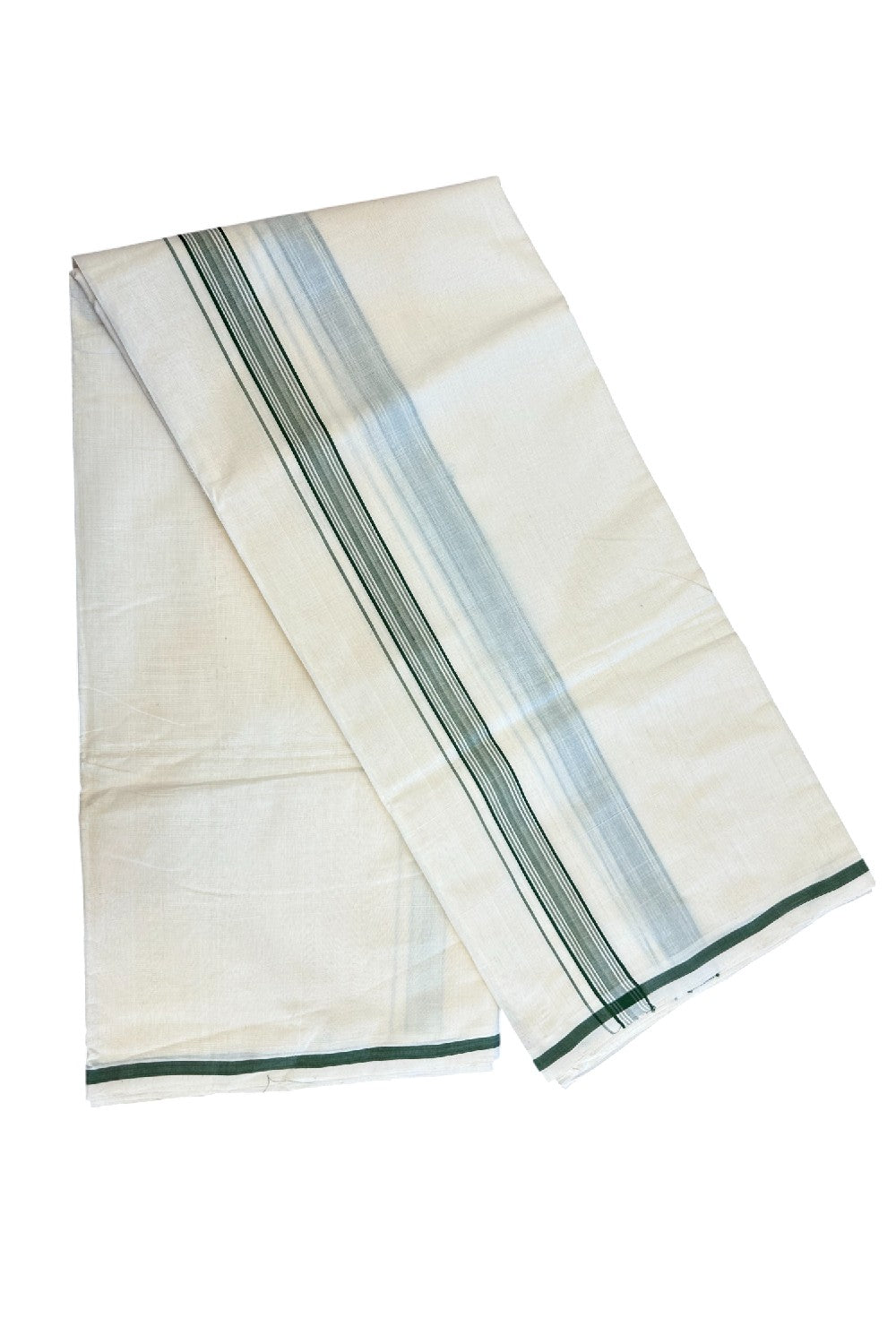 PREMIUM HANDLOOM-20% DISCOUNT! KaithariKada Cotton OFF White - 100x80 thread- NORTH INDIAN ATTACHED GAMCHA - 9X5 & 10X6 muzham Dhoti - 1.5 inch Green Border - 2KK5223VEL