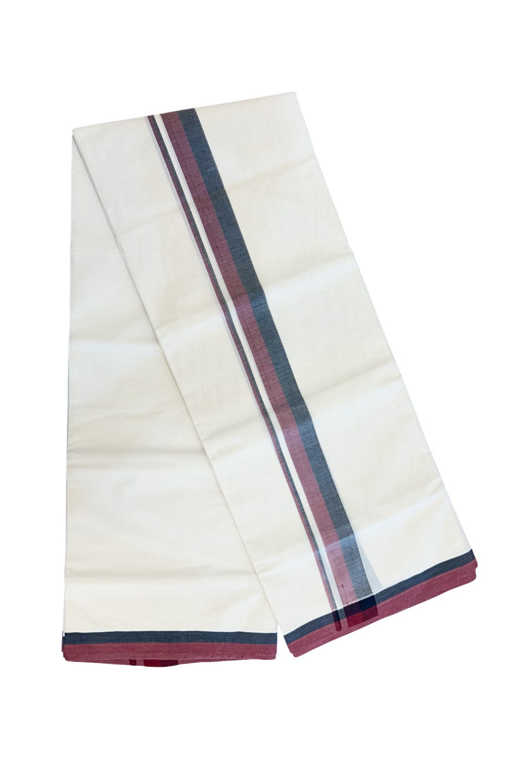 DMK Veshti - 20% DISCOUNT! KaithariKada 100% Cotton off white Double - (Unbleached) Mundu/Dhoti - 100X100 - 1.5 inch Black & Maroon shaded kara - 4 mtr (8.5 muzham)- 2KK5228 ASH