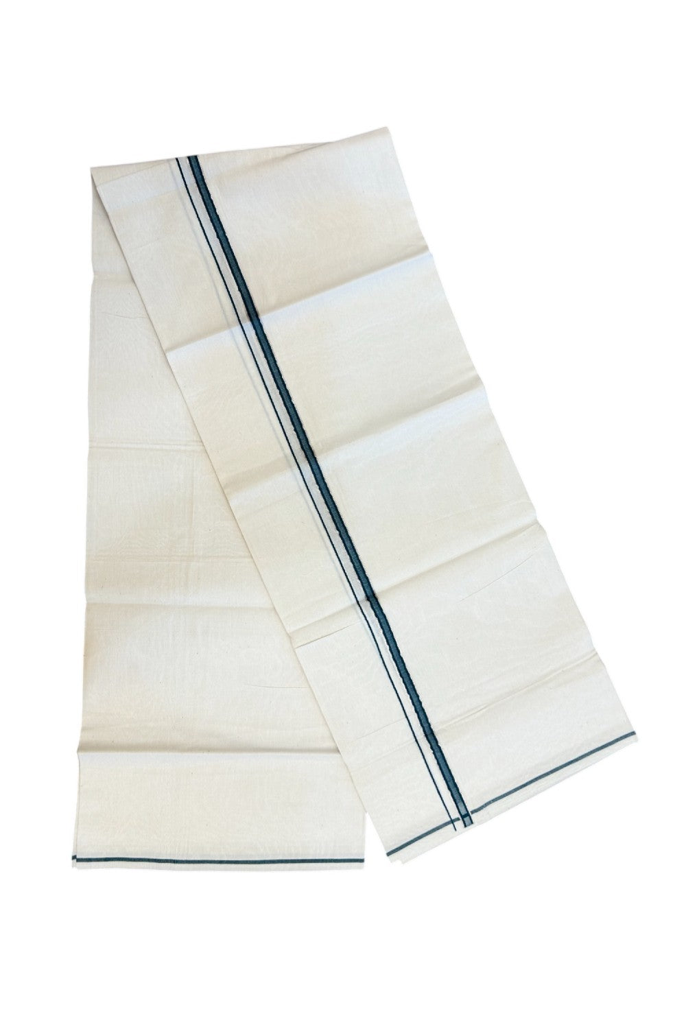 24% Discount !! KaithariKada Balaramapuram 100% Cotton OFF WHITE (Unbleached) Single Mundu/Dhoti - Twisted 60s Thread - 1 cm Silver Kasavu & Green Blue Kara (2 meter / 4 muzham) - 1KK5236 GL