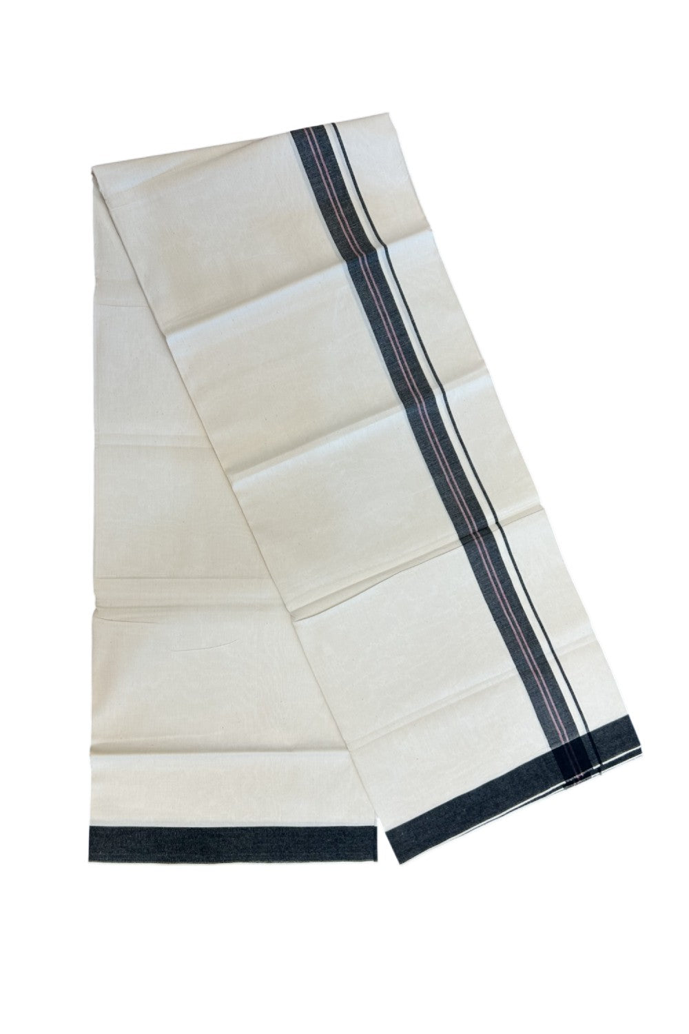 24% Discount !! KaithariKada Balaramapuram 100% Cotton OFF WHITE (Unbleached) Single Mundu/Dhoti - Twisted 60s Thread - 1 inch Black shaded pink striped Kara (2 meter / 4 muzham) - 32KK5241 GL