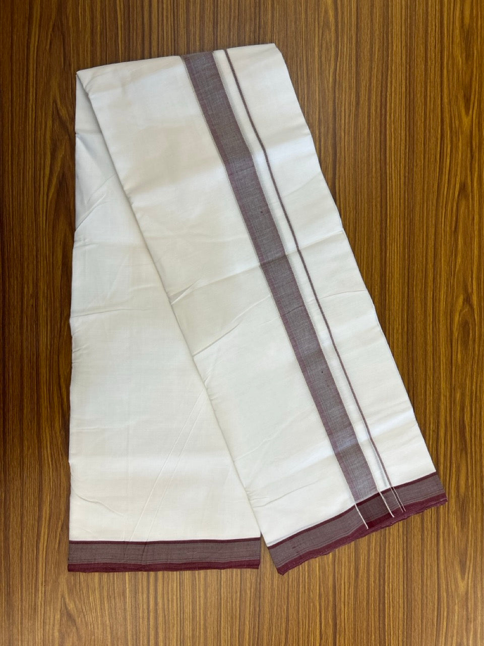 25% Discount!! NEW ULTRA PURE WHITE HANDLOOM Balaramapuram - 100% MERCERISED Cotton Double Mundu/Dhoti - 120 twisted warp x 80s weft - Wine Maroon & Silver Kasav Kara- 2KK5248 REA
