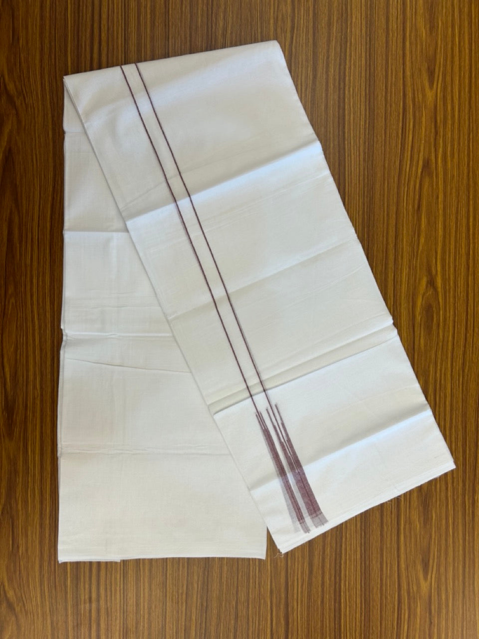 20% DISCOUNT!! NEW!! KaithariKada Balaramapuram 100% Cotton PURE WHITE Double Mundu/Dhoti - (100x80)s - 0.75 inch Wine Line chutty - 2 KK5249 VIN