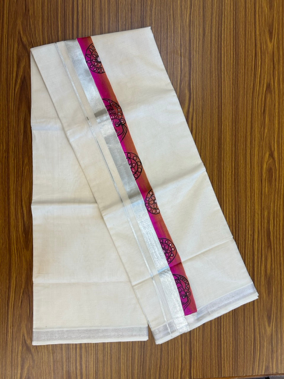 24% Discount! Hand Painted - KaithariKada 100% Cotton Double Off white - (Ubleached) Mundu / Dhoti - 100x80 1 inch Silver Kasavu & Hand Painted Kathakali Flower - 2 KK5259 CKS