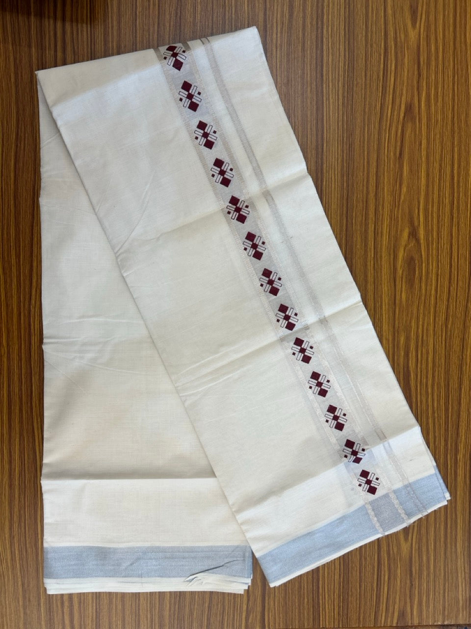 KaithariKada 100% Cotton Double 4 meter Off white - (Ubleached) Mundu / Dhoti - 100x80 1.5 inch Silver Kasavu & Printed Tribal - 2 KK5262 MUT