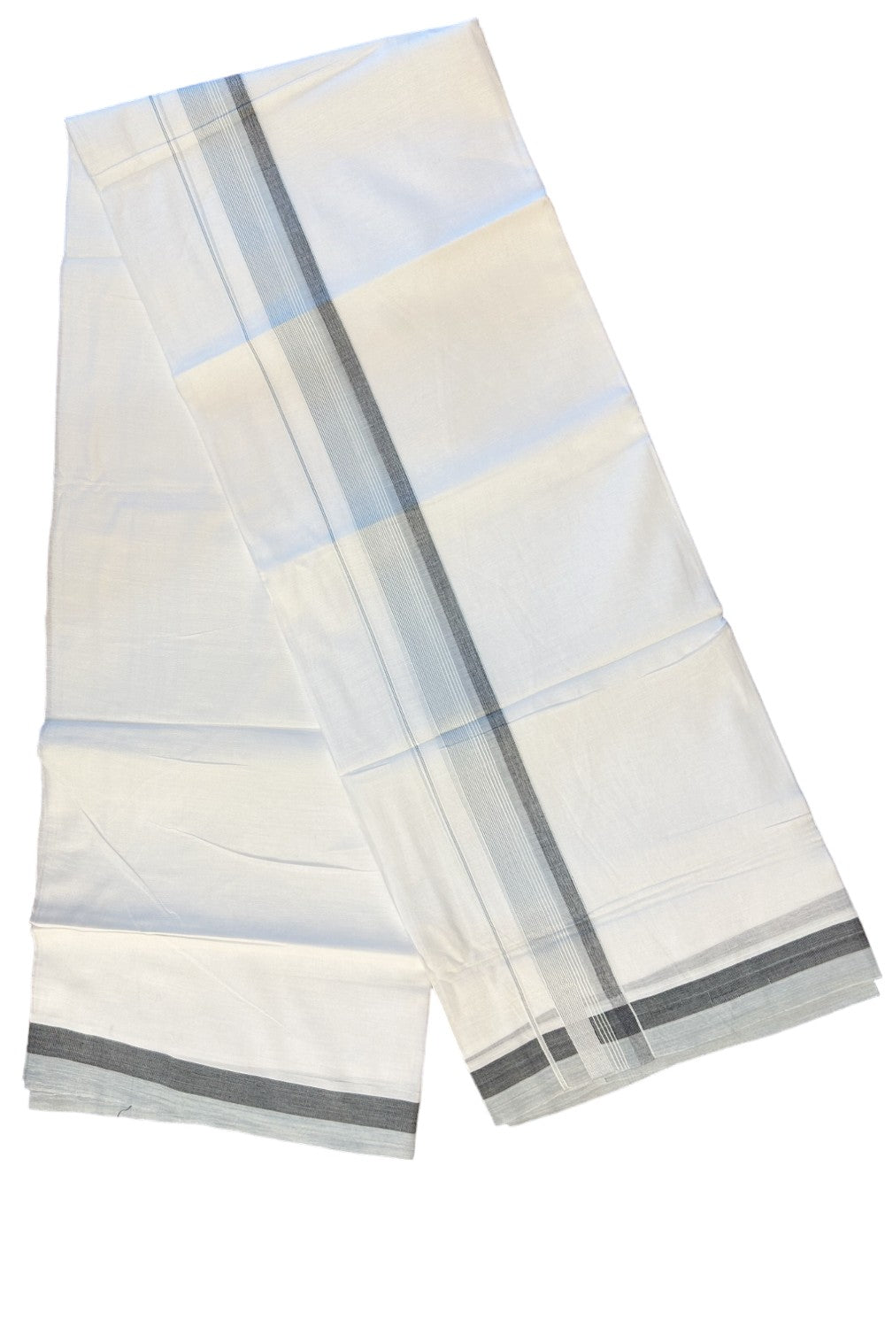 21% DISCOUNT!! Kaitharikada Balaramapuram 100% Cotton Ultra WHITE Double Mundu/Dothi-100x80 2 Inch LIGHT GREY & WHITE STRIPED Cotton Kara -2KK63VAS.
