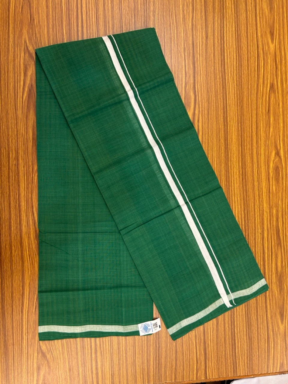 Handloom Single Hallmarked - 10% Discount !! KaithariKada 100% Pure Cotton - Mundu/Dhoti Green Body White 0.5 inch Kara- (2 meter / 4 muzham)- 2 KK8030 ELA