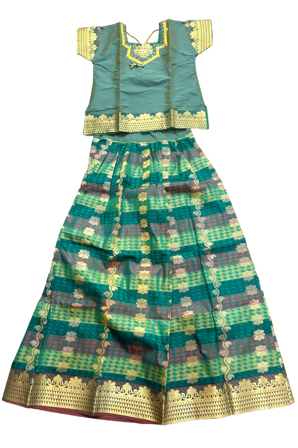 Midukki-Traditional South Indian Kids Pattu Pavada- Green top Green skirt with emboss work- Age 17&18 - KK17&18MID002
