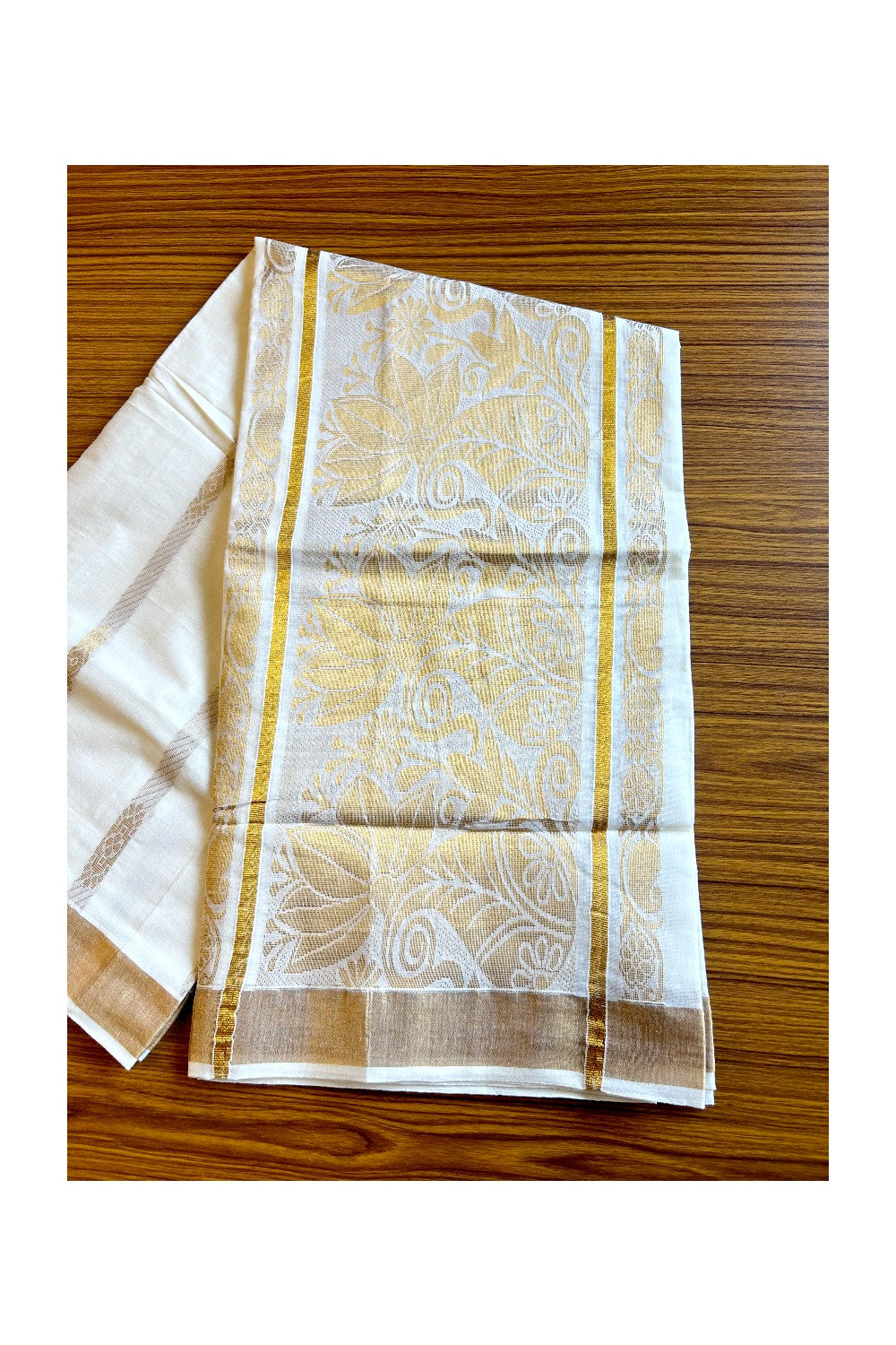 Kaitharikada Kerala Cotton Saree Off white - 29.5 inch Kasav Zari with Peacock Pattern Putta Design- 2KK1002JEE