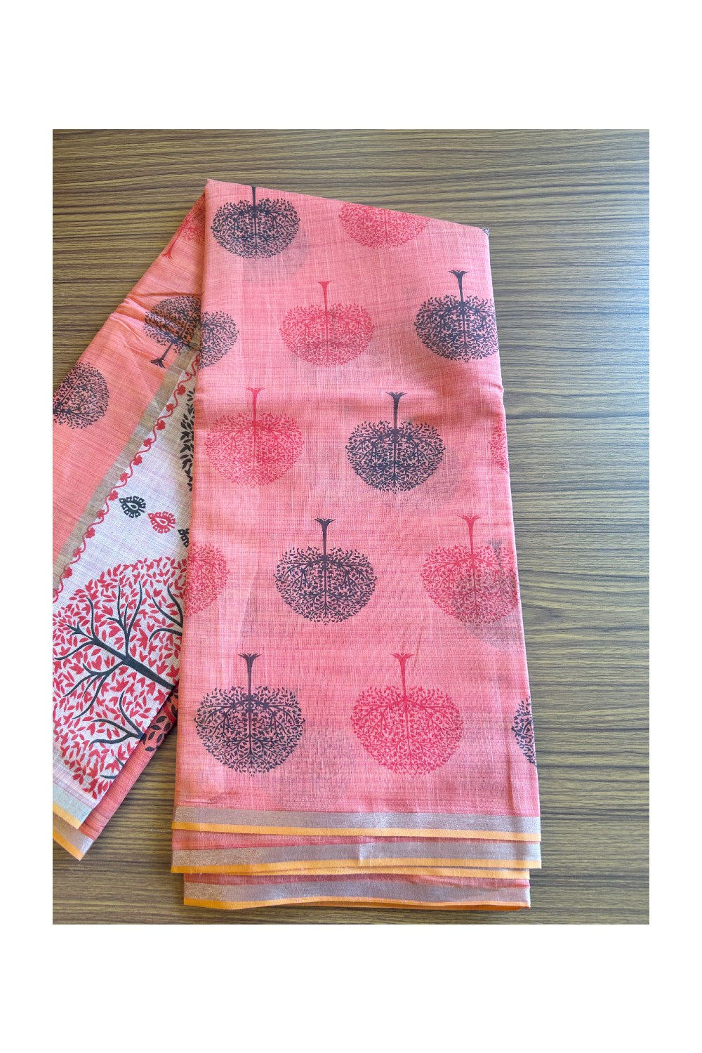 KaithariKada- Balaramapuram & Saree - 100% PURE Cotton Silk - Orange & Black Design - 2KK1004DHA