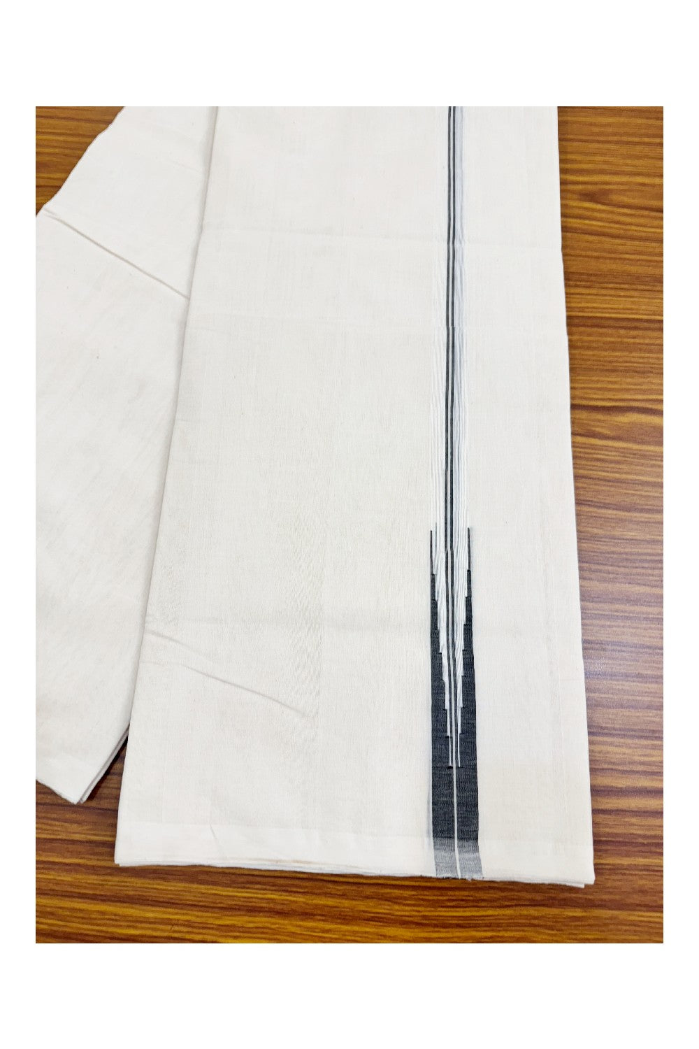 30% DISCOUNT! KaithariKada BALARAMAPURAM HANDLOOM Millpaav- 100% PURE Cotton 100x100 Double Mundu/Dhoti OFF WHITE (Unbleached) - PULIYILAKKARA Black 2 line Chutty KARA-2KK40RAM