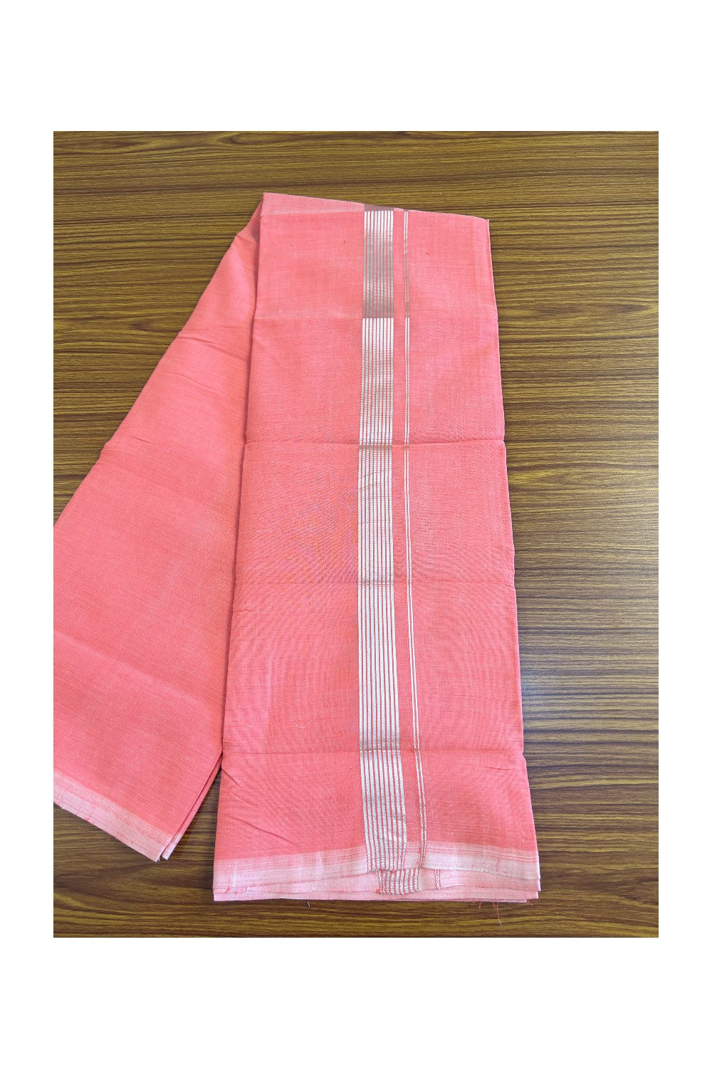 30% Discount! KaithariKada Handloom 100% Cotton Double Mundu/Dhoti - Peach Colour Body & Silver Striped 1.75inch Kara 3.80 mtr (8 Muzham) - 2KK452SOM