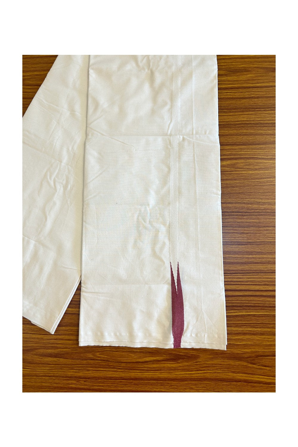 30% Discount ! KaithariKada Balaramapuram 100% Cotton Single Off White (Unbleached) Mundu/Dhoti-Twisted 100s Thread- 0.5inch Maroon Chutty (2 meter / 4 muzham)- 2KK455ASH