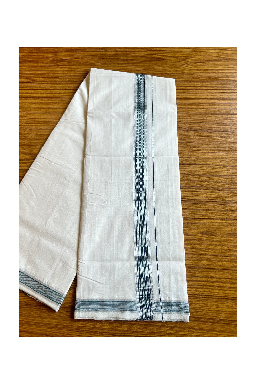 25% DISCOUNT!! KaithariKada HANDLOOM UNAKKUPAAV Balaramapuram - 100% PURE Cotton OFF White (Unbleached) Double Mundu/Dothi - 2 inch Silver kasavu Dark green pattern kara - 2KK462RAM