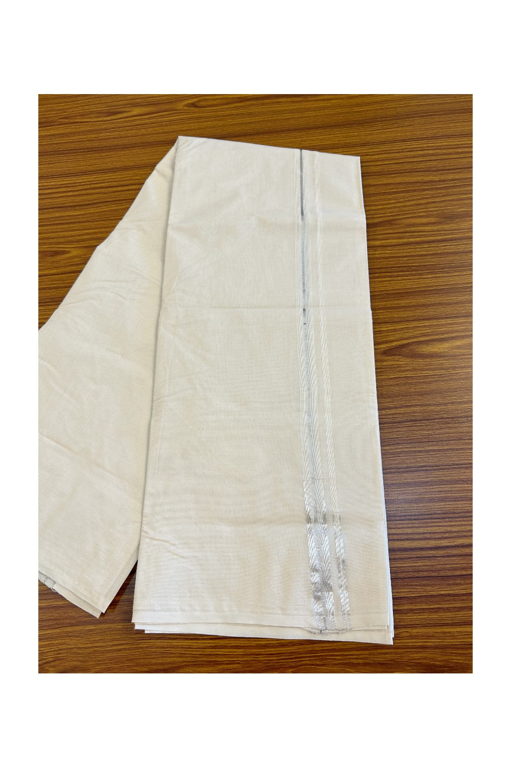 30% OFFER ! KaithariKada Balaramapuram 100% Cotton Double OFF WHITE (Unbleached) - Mundu/Dhoti-100x100 0.75INCH Puliyilakkara Chutty Silver Kasavu double chutty - 2KK466ASH