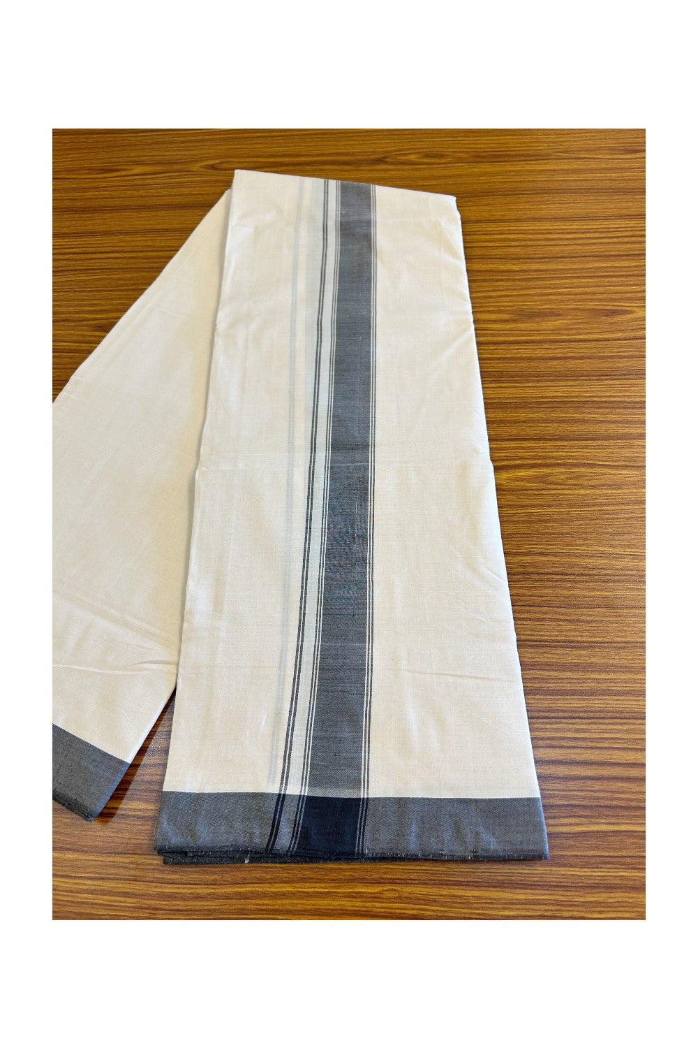 120X120 PREMIUM Kaitharikada Exclusive - 25% DISCOUNT! BALARAMAPURAM HANDLOOM Unakkupaavu - 100% PURE Cotton Double Mundu/Dhoti OFF WHITE ( Unbleached) - 2 inch Black Striped Kara - 2KK477KAL