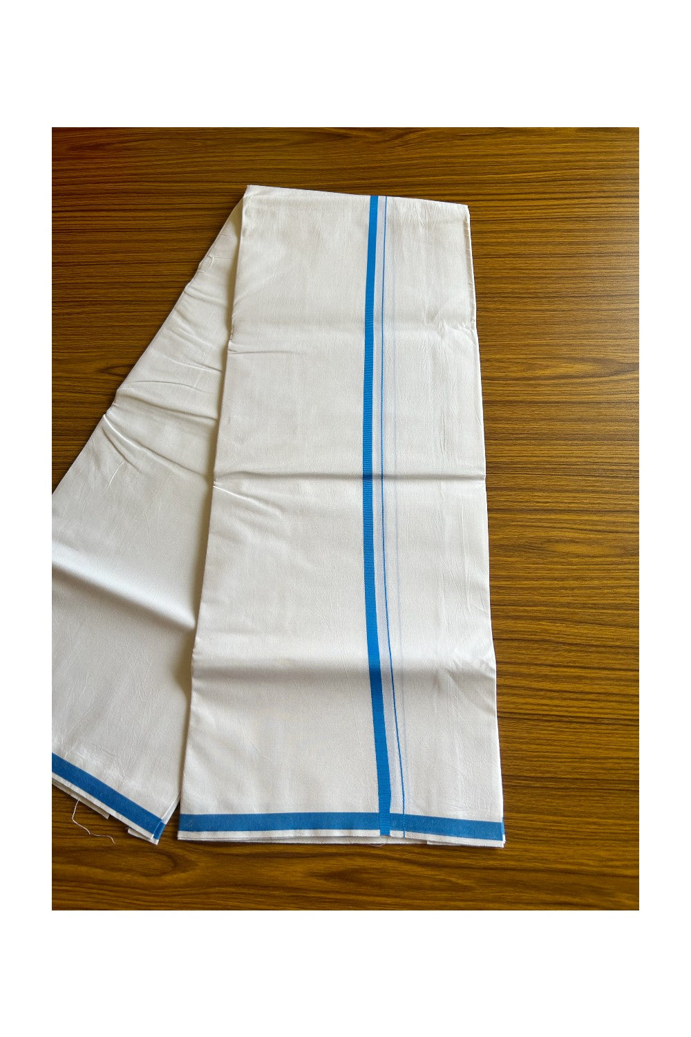 KaithariKada 100% Cotton PURE WHITE SINGLE Mundu/Dhoti- 40X40 Blue 2.cm Kara (2 meter / 4 muzham) - 2KK487KK