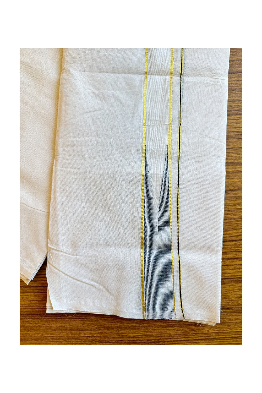 28% OFFER ! KaithariKada Balaramapuram 100% Cotton Double OFF WHITE - (Unbleached) Mundu/Dhoti-100x100 - 2 inch Puliyilakkara Heavy Chutty Black KASAV Stripes - 2KK490ASH.