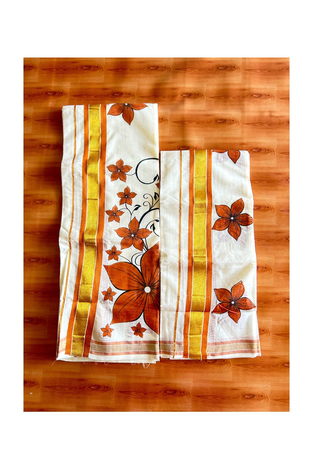22% Discount!! KaithariKada - Kerala Cotton SINGLE SET MUND FOR WOMEN - Kasavu Kara with Orange Flower Design - 2KK495VIN