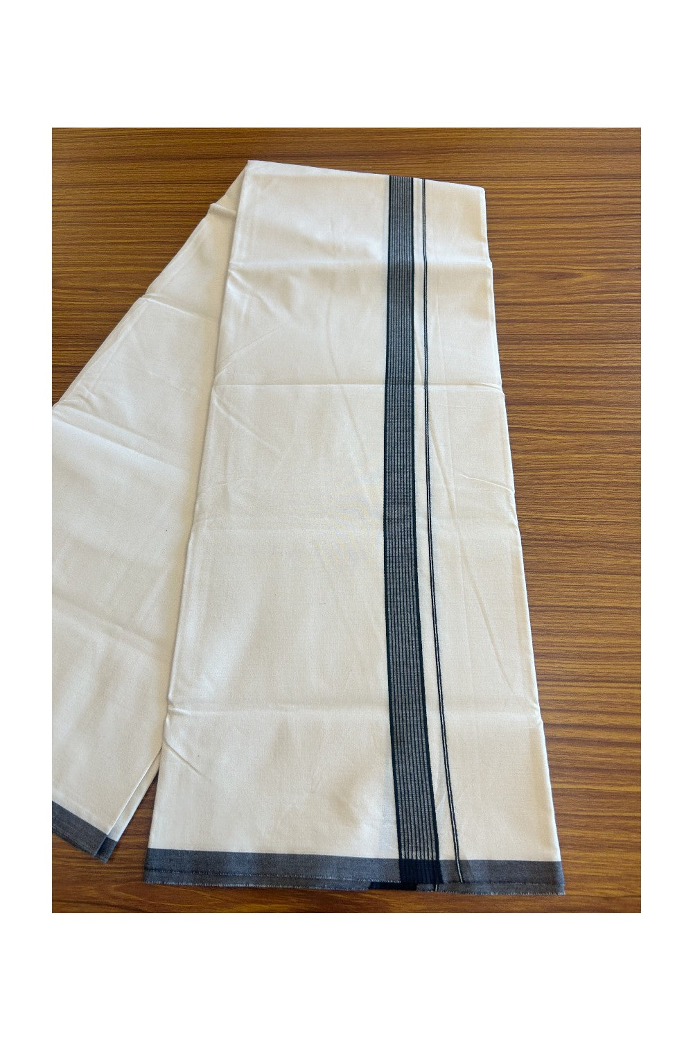 20% DISCOUNT ! KaithariKada Balaramapuram 100% COTTON SINGLE OFF WHITE - (Unbleached) Mundu/Dhoti-Twisted 100s Thread- 1.5 inch Black Striped Kara (2 metre / 4 muzham) - 2KK5023ASH