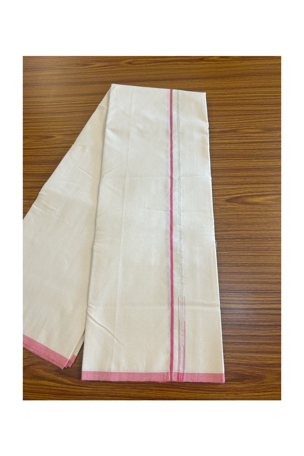 SIGNATURE KAITHARIKADA EXCLUSIVE SINGLE DHOTI - 25% Discount! 100% Cotton Balaramapuram HANDLOOM Single Mundu/Dhoti - Off White - (Unbleached) 0.25 Inch PINK & SILVER KASAVU Chutty Kara(2 meter / 4 muzham) - 2KK502KK