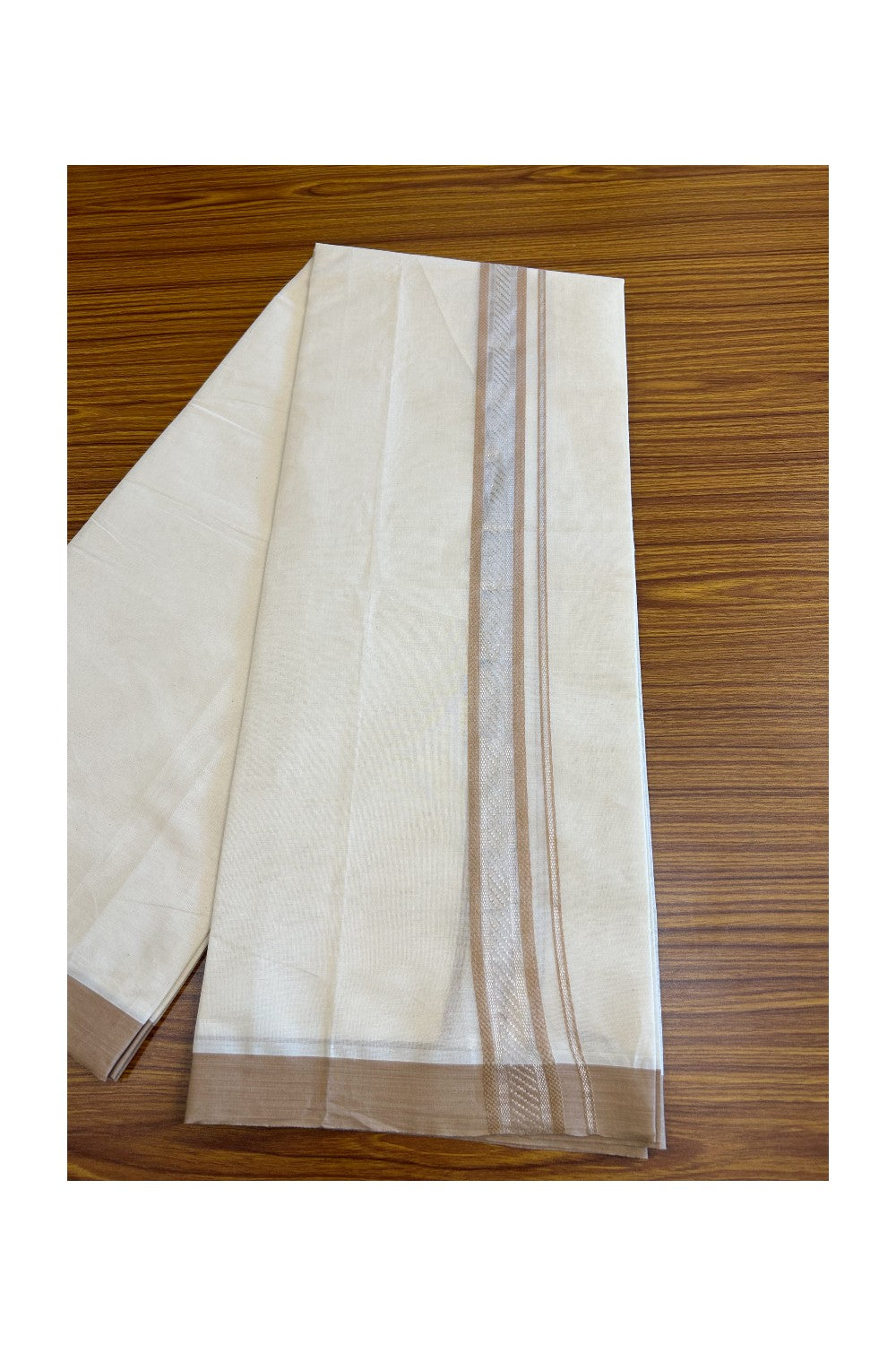 25% Discount!!! KaithariKada Balaramapuram Double Off white - (Unbleached) Mundu/Dhoti - 80X90 - 2 inch SILVER KASAVU & Sand brown pattern Kara - 2KK5037KAI