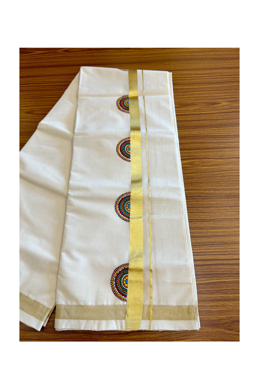 KaithariKada HANDLOOM Millpaav Balaramapuram - 100% PURE Cotton OFF White - (Unbleached) Double Mundu/Dothi - 1.75 Inch Hand Painted Flower Design & Kasavu Kara - 2KK5038KK
