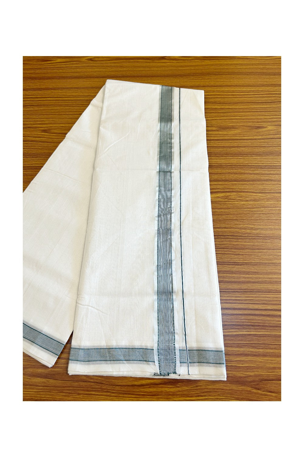 25% DISCOUNT!! KaithariKada HANDLOOM Unakkupaav Balaramapuram - 100% PURE Cotton OFF White - (Unbleached) Double Mundu/Dothi - 2 inch Green & Silver striped pattern kara - 2KK503RAM