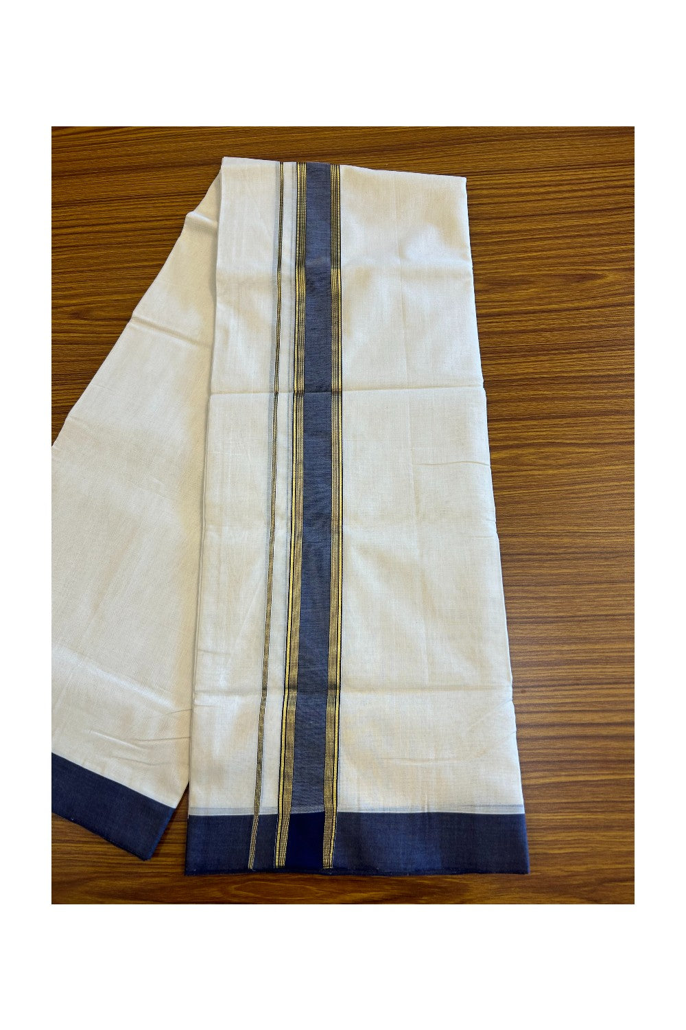 30% Discount KaithariKada HANDLOOM Unakkupaav Balaramapuram - 100% PURE Cotton Off white (Unbleached) Double Mundu/Dhoti - 2.5 inch Kasavu Stripes & Navy Blue kara-163