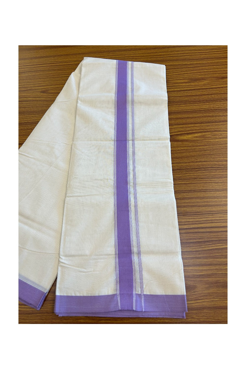 20% Discount !! KaithariKada Balaramapuram 100% Cotton Double Off white - (Unbleached) Mundu/Dhoti-100x80 - 1.75inch Violet Kara 3.70 mtr - 2KK5045ASH